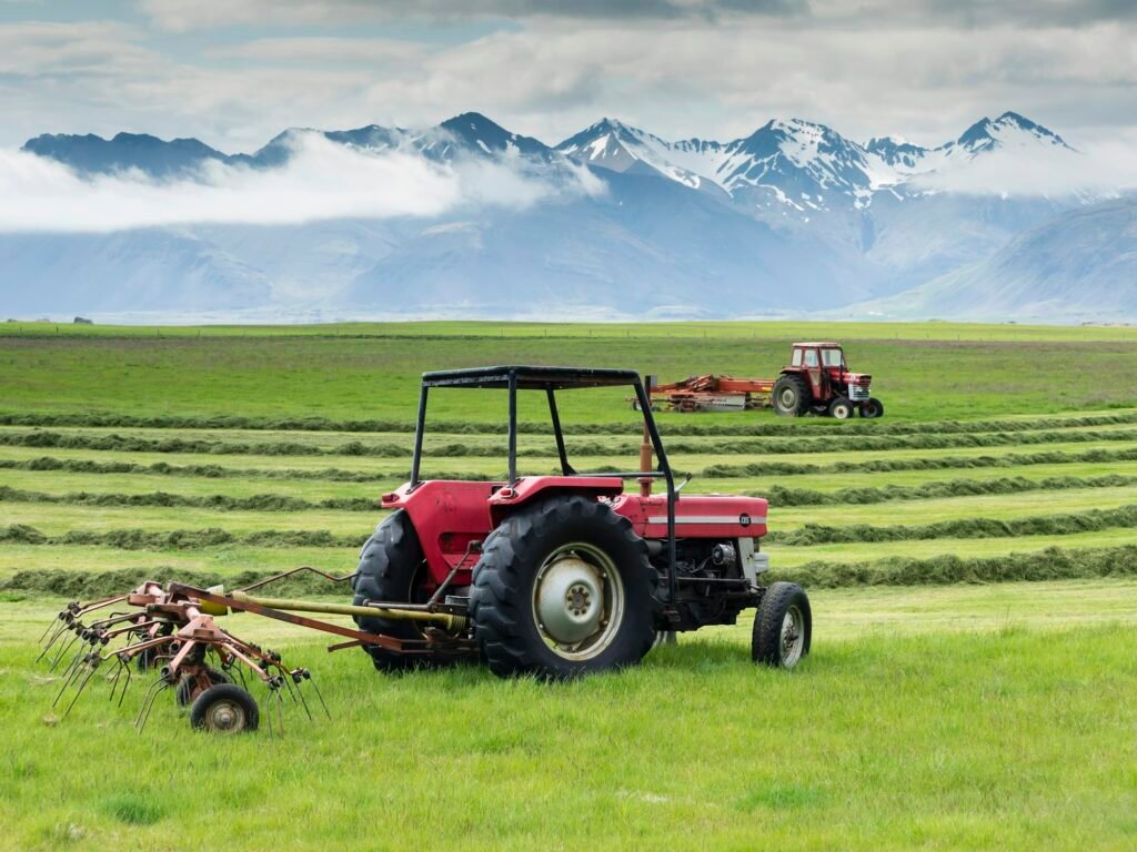 Two red tractors on a farm, working in a field cutting a grass crop.